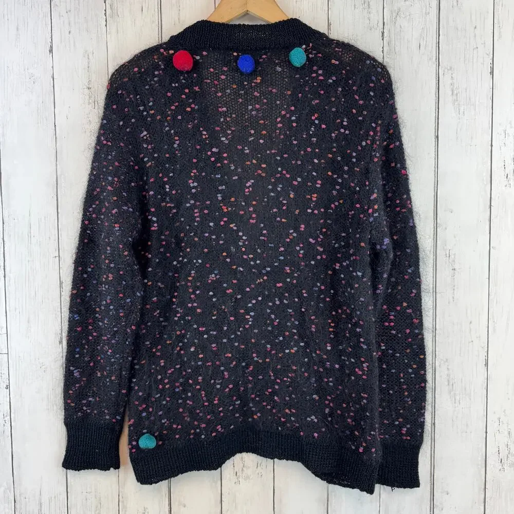VTG Caroll Black Multi Polka Dot Pom-Poms Mohair-Acrylic Cardigan Size Large